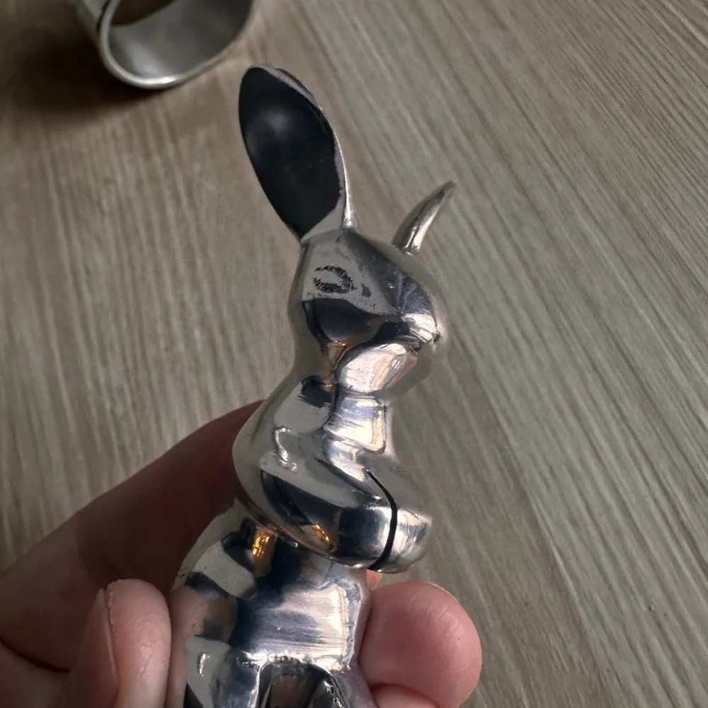 RARE! Crate&Barrel Silver Bunny Napkin Rings and Place Card Holder EASTER 🐣 🌸🐇